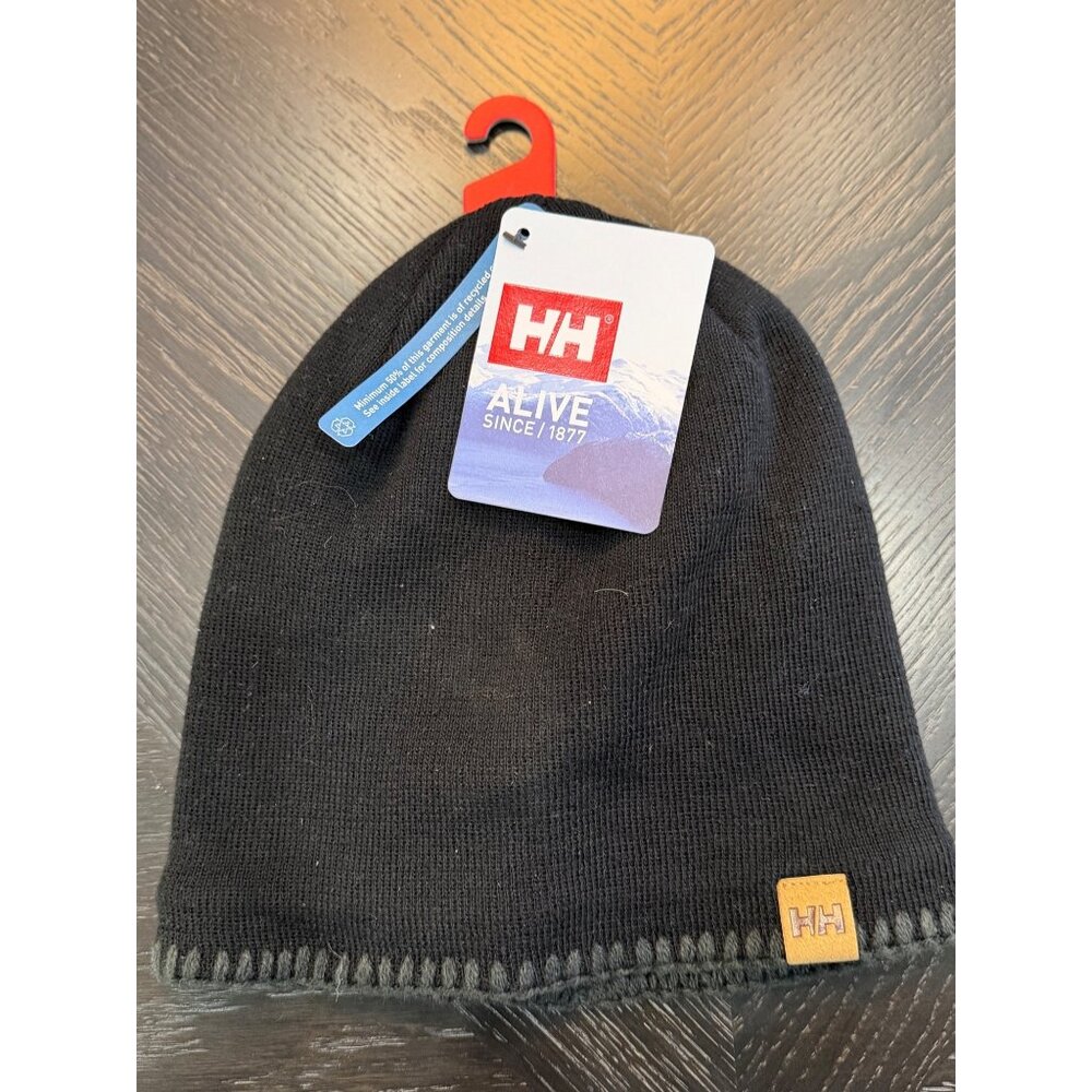 Helly Hansen Black Fleece-Lined Mountain Beanie With Leather Logo Patch